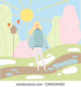 Young Woman Walking in Spring Park, Season Change From Winter to Spring Vector Illustration