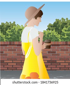 a young woman is walking in the street. a cute and beautiful young girl has a shopping file bag and made some grocery shopping. The girl wearing hat and drinking coffee vector illustration.