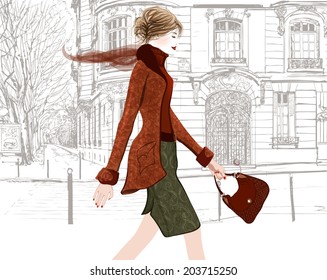 Young Woman Walking In A Street Of Paris - Vector Illustration