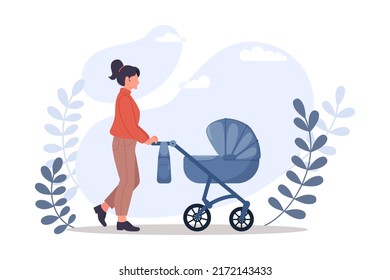 Young woman walking with stroller in park. New mom. Child care, Motherhood, concept for banner, website design or landing web page. Baby carriage. Modern parenthood. Vector illustration