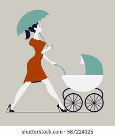 Young woman walking with stroller under rain. Woman walking with