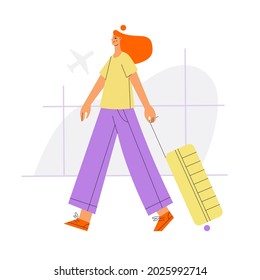 Young woman walking with suitcase at the airport. Air traveling concept cartoon vector illustration.