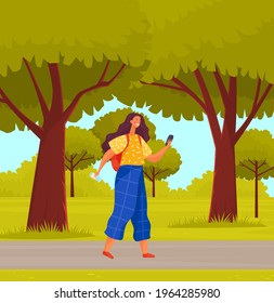 Young woman is walking in summer park, talking on smartphone. Female character with backpack spends time outdoors. Lady with mobile phone looking at screen. Girl is making photo during walk in garden