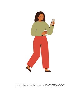 Young woman walking with takeaway coffee cup and looking at phone.  Business girl scrolling news or chatting via mobile on the way. vector illustration