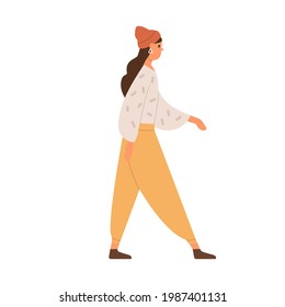 Young woman walking in trendy casual clothes. Profile of female going forward. Person strolling, wearing knitted hat. Colored flat vector illustration of modern human isolated on white background