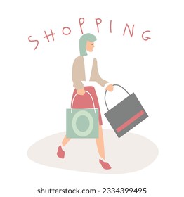 Young woman walking with two paper bags. Write "shopping"