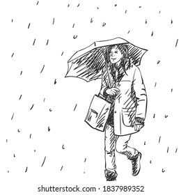 Young woman walking with umbrella under rain, holding shopping bag, wearing winter clothes. Vector drawing, Hand drawn black line sketch on white background