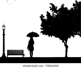 Young woman walking under the umbrella in park in autumn or fall, one in the series of similar images silhouette