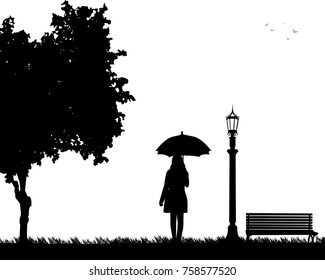 Young woman walking under the umbrella in park in autumn or fall, one in the series of similar images silhouette