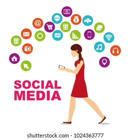 young woman walking using mobile and differents social media icons