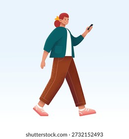 Una mujer joven caminando mientras usa su teléfono inteligente en una elegante chaqueta verde azulado y pantalones marrones de pierna ancha con un moderno diseño plano texturizado. Perfecto para App móviles, contenido de estilo de vida tecnológico y marca digital.