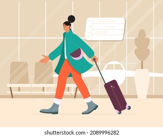 Young woman walkng at the airport with luggage or suitcase, waiting for the flight with airplane and seats on background. Travel concept vector illustration