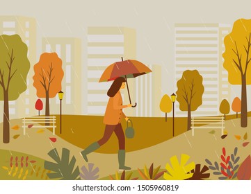 A young woman walks in the autumn in a city park in the rain. In her hands is an umbrella. Around the house, trees, fallen leaves, on top of a drop of rain. Autumn concept. Vector flat illustration.