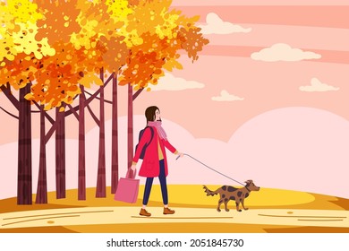 Young woman walks the dog in the autumn city park. Trendy fashionable look with pet, fall mood. Vector illustration banner