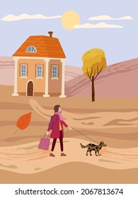 Young woman walks the dog in the autumn rural landscape. Trendy fashionable look with pet, fall mood. Vector illustration banner