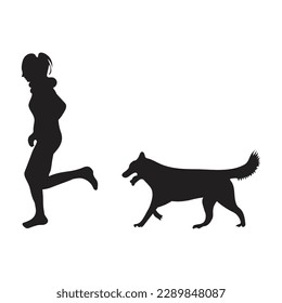 A young woman walks with the dog. illustration silhouette.