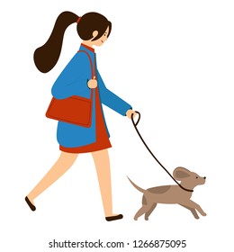 A young woman walks with a dog on a leash. Girl in a coat with a bag walking the dog. Vector illustration, character in flat style. White background.