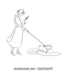 A young woman walks with a dog. The pet runs through the puddle. Line art character vector illustration