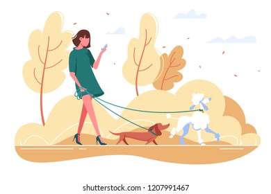 Young woman walks with dog through the woods. Concept girl in green dress with dachshund, poodle, smartphone. Vector illustration.