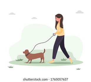 Young woman walks with dog through the woods. Concept happy girl in yellow dress with dachshund or poodle. Vector illustration in flat style.