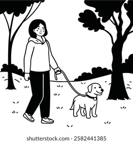 A young woman walks her dog in the park, enjoying a daily routine. The peaceful moment reflects relaxation, nature, and companionship. A black-and-white vector lifestyle illustration.