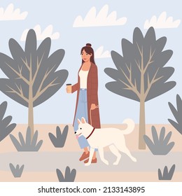 A young woman walks in nature with a white dog. A woman spends time with her pet. Flat vector illustration.