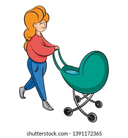 a young woman walks with a newborn baby in a stroller. mother and child.