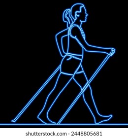 A young woman walks on foot with walking sticks. Nordic walking icon neon glow vector illustration concept