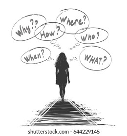 Young woman walks on the road with questions in her head. Sketch