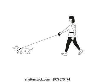 Young woman walks outdoor leading a dachshund  dog on a leash. Vector isolated character black and white illustration in line art style.