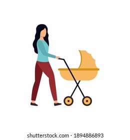 A young woman walks with a stroller. The mother and the child. Pregnancy, childbirth, motherhood. Vector character in flat style.