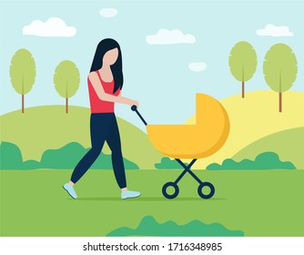 a young woman walks with a stroller in the park. Vector illustration with Young mother and child. An element of ordinary life. Yellow stroller, a Jogging suit. Simple picture.