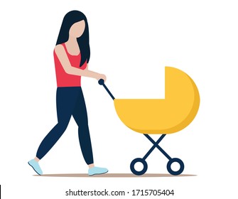 a young woman walks with a stroller. Vector illustration isolated on white background for universal design. Young mother. An element of ordinary life. Yellow stroller, a Jogging suit. Simple picture.