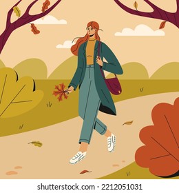 Una joven camina por un parque otoñal. Las hojas están cayendo, el clima cálido. Ilustración vectorial plana.