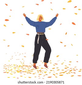 Young woman walks and throws leaves in an autumn park. Happy girl dancing with in fall and flying of leaves in october, jumping and throwing playing autumn leaves up. People enjoying autumn activity