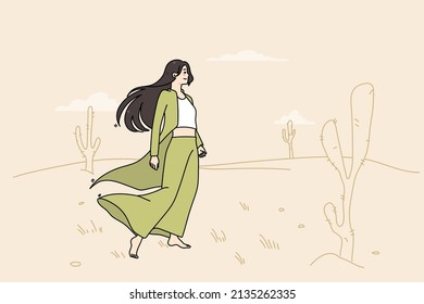 Young woman wandering desert. Millennial girl feel lost and lonely in sand wilderness area. Concept of boring and monotonous life. Flat vector illustration. 