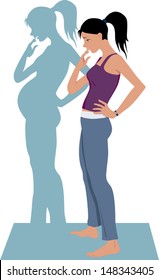 Young woman, wanting to get pregnant. Her shadow on the wall showing baby bump