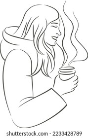 Young woman in warm clothes holding paper cup with hot coffee or mulled wine in her hand. Simple linear vector drawing