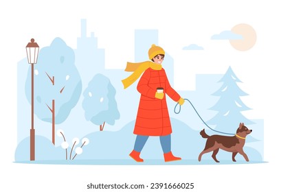 Young woman in warm clothes walking with dog in winter city. Girl with cute dog on leash in cold weather. Pet and owner together. Vector flat illustration.