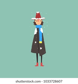 Young woman in warm coat, scarf and hat freezing and shivering on winter cold vector Illustration