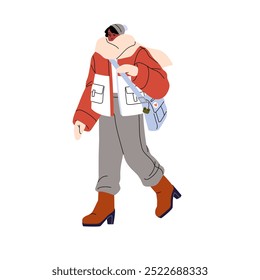 Mujer joven en chaqueta caliente, sombrero camina en invierno. Chica con ropa de invierno, ropa de abrigo al aire libre. Persona que lleva el equipo de la estación fría con los mitones, bufanda, bolso. Ilustración vectorial aislada plana en blanco