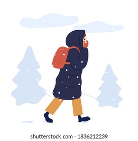 Young woman in warm seasonal outwear walking in winter park. Female character in long down jacket with a backpack outdoors in cold weather. Snowy wintertime. Vector illustration in flat cartoon style