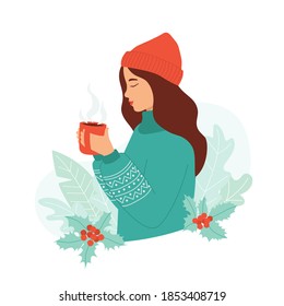 Young woman in a warm sweater and hat holds a mug of hot drink in her hand. Cozy winter concept, cute greeting card, invitation, sticker. Isolated vector illustration