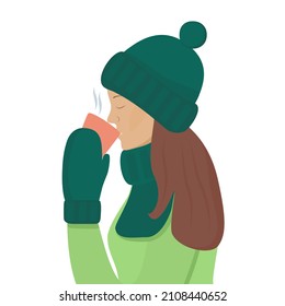 Young woman in a warm sweater and hat holds a mug of hot drink in her hand. Cozy winter concept, cute greeting card, invitation, sticker. Vector illustration
