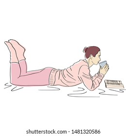 Young woman in warm sweater and socks lying with book and cup of coffee. Lagom and hugge concept. Cozy scandinavian lifestyle scene. Vector flat illustration. Hand drawn style. Isolated colors.