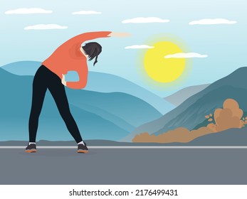 Young woman warming up or exercising in the morning on the beautiful mountain scenery.vector illustration Healthy lifestyle ideas or healthy lifestyle exercises