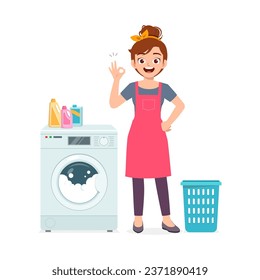 young woman wash dirty clothes with washing machine