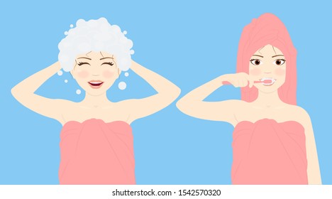 A young woman washes her hair and brushes her teeth. She is wrapped in a pink towel. Character on a blue background. Vector illustration