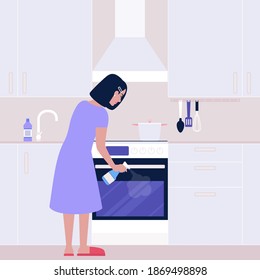 Young woman washes the oven in the kitchen. Housekeeping concept.Colorful flat vector illustration