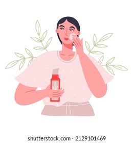 Young woman washing and applying cleanser on her face. Daily morning and evening skincare routine. Vector flat illustration